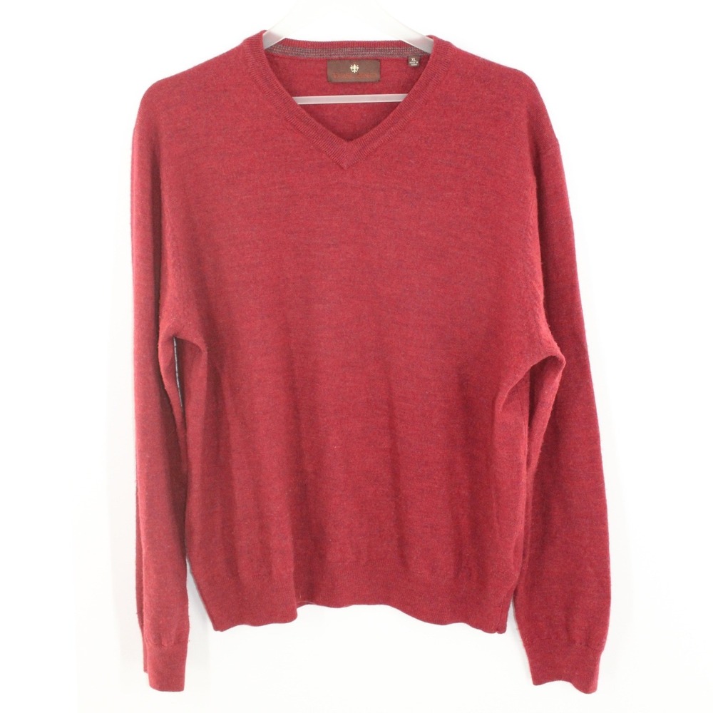 Toscano V-Neck Sweater 100% Merino Wool XL Burgundy‎ Red Pullover